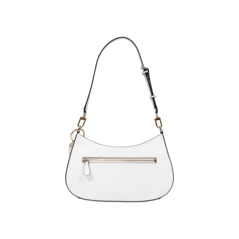 White faux leather Guess Womens shoulder bag with top zipper closure and detachable strap