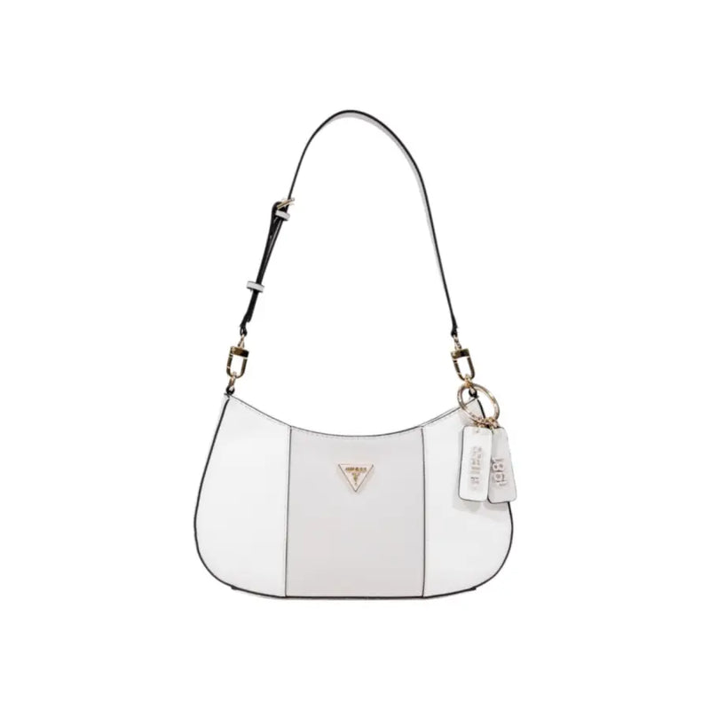 White and light grey Guess Womens shoulder bag with black strap and decorative tags