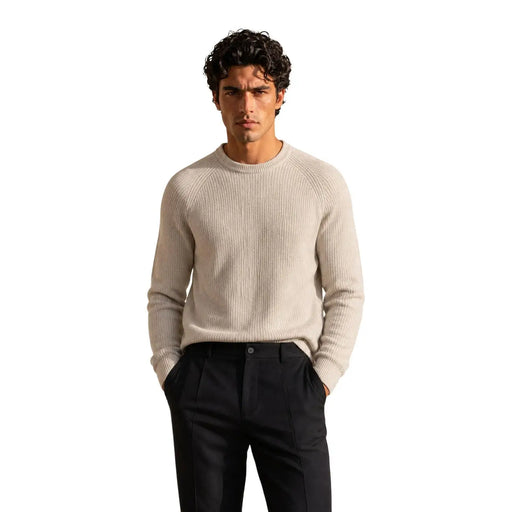 Guess wool sweater Niro Vanisãe for women in beige ribbed knit with crew neck and long sleeves, front view