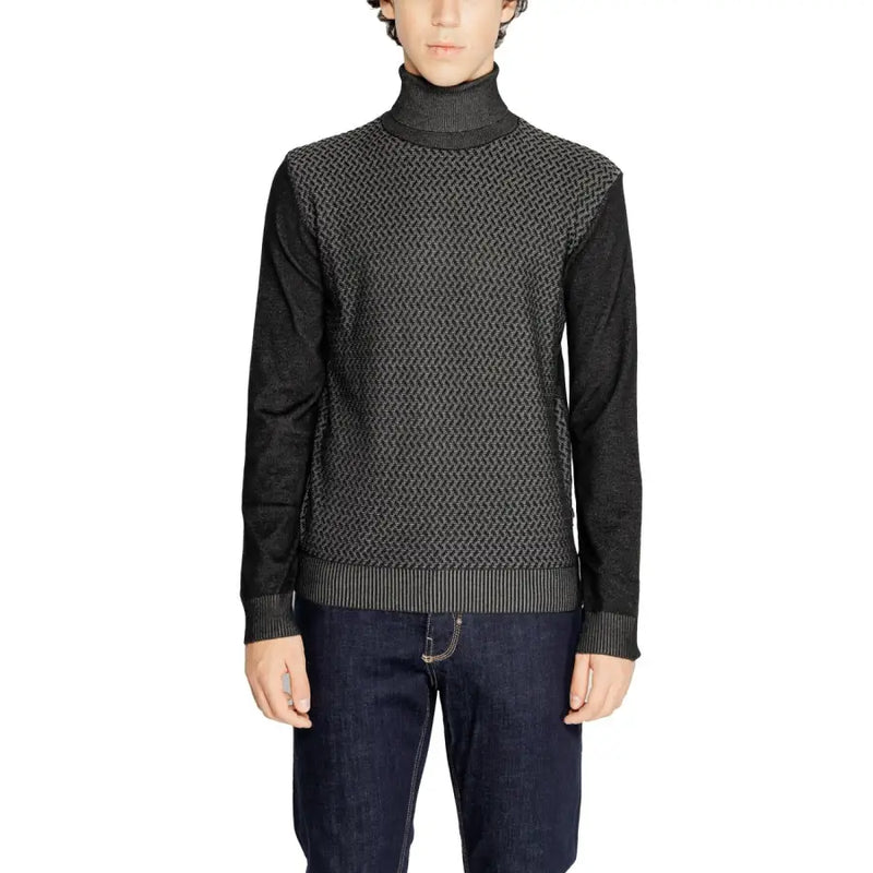Black and gray textured turtleneck sweater with ribbed cuffs and hem, possibly ralph lauren.