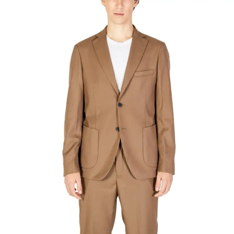 Blazer en laine beige avec revers crantés et deux boutons sur le devant de hamaki-ho Blazer homme beige en polyester à col revers GAI1579H