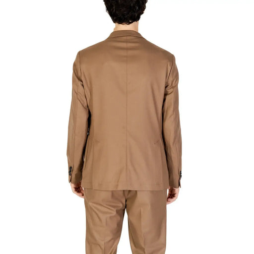 Tan wool suit jacket with notched lapels and two-button cuffs from hamaki-ho men beige polyester lapel collar blazer gai1579h