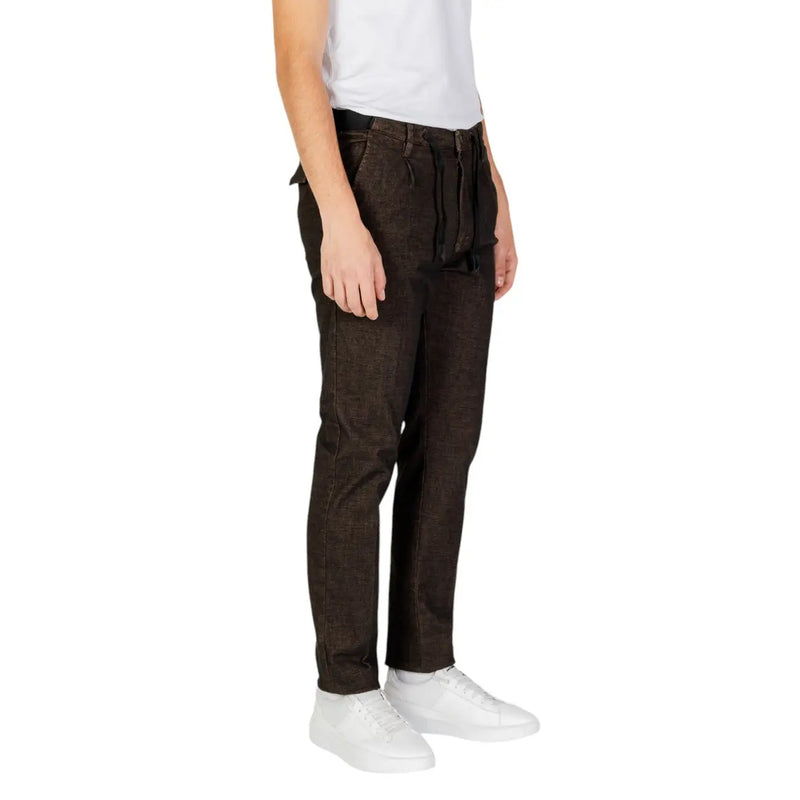 Hamaki-ho men trousers dark brown slim fit cotton blend denim with drawstring waistband and zip closure