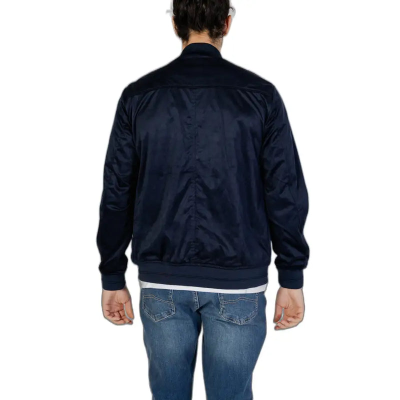 Navy blue satin hamaki-ho men’s bomber jacket with ribbed cuffs and hem made of polyester for spring and summer