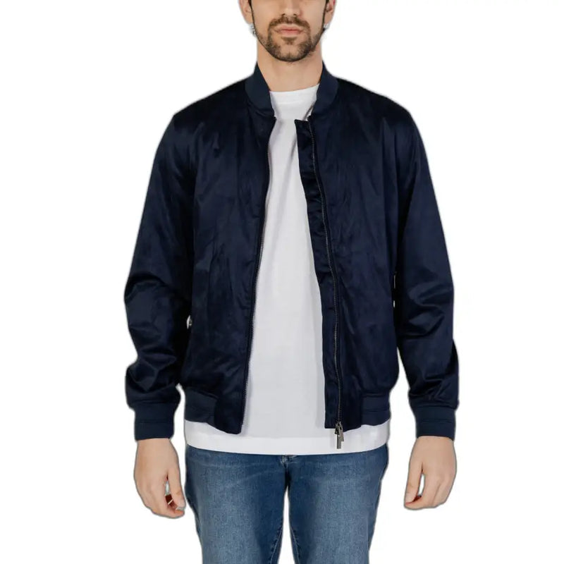 Hamaki-ho men’s navy blue polyester bomber jacket with smooth shiny fabric and ribbed cuffs for spring summer use