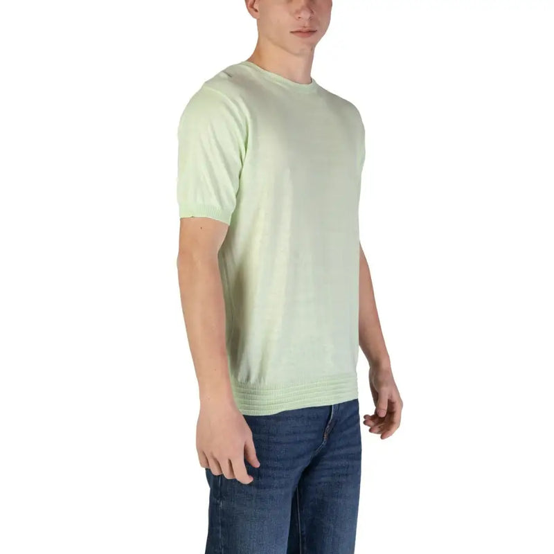 Hamaki-ho men’s green cotton t-shirt with light green short sleeves crew neck and ribbed hem knit fabric