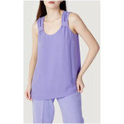 A soft lavender hanny deep women tank top with a relaxed fit sleeveless round neck and gathered shoulder straps