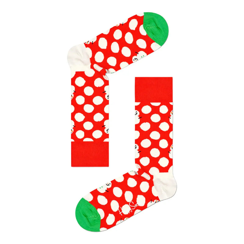 Happy Socks women underwear red cotton blend socks with white polka dots green toe caps and playful snowman design