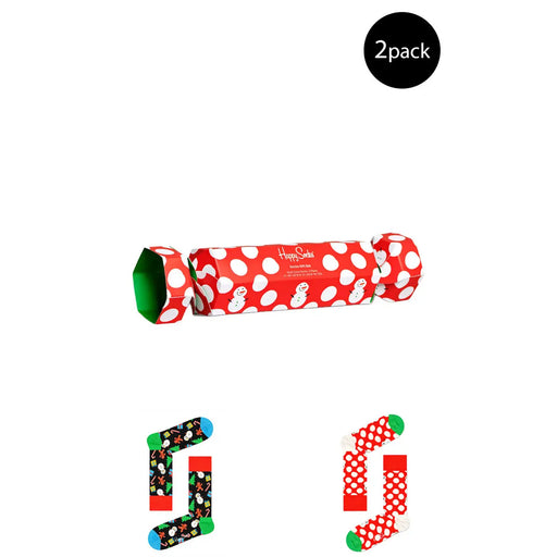 Chaussettes Happy Socks pour femme, en coton mélangé rouge, ornées d'un motif de bonhomme de neige et de pétards de Noël à pois rouges et blancs (lot de 2).