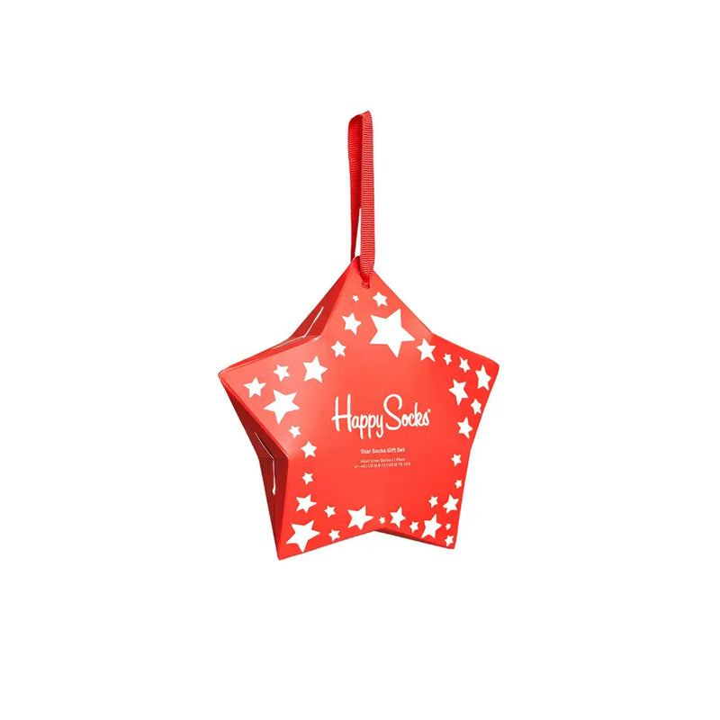 Red star-shaped gift box with white stars and Happy Socks branding containing red striped cotton blend women underwear size S