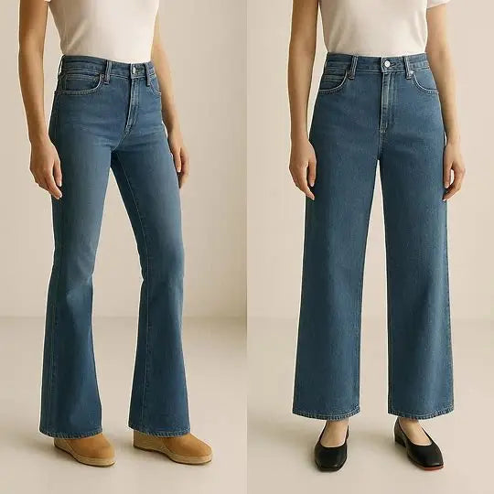 Flare-Jeans vs. Wide-Leg-Jeans mit Schuhen
