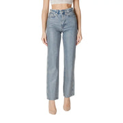 High waisted light blue denim jeans in light wash with straight leg cut made from durable denim fabric