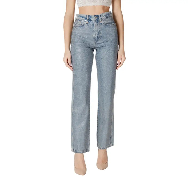 High waisted light blue denim jeans in light wash with straight leg cut made from durable denim fabric