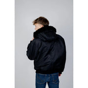 Black bomber jacket with a plush faux-fur-lined hood made of polyamide from Hugo men collection