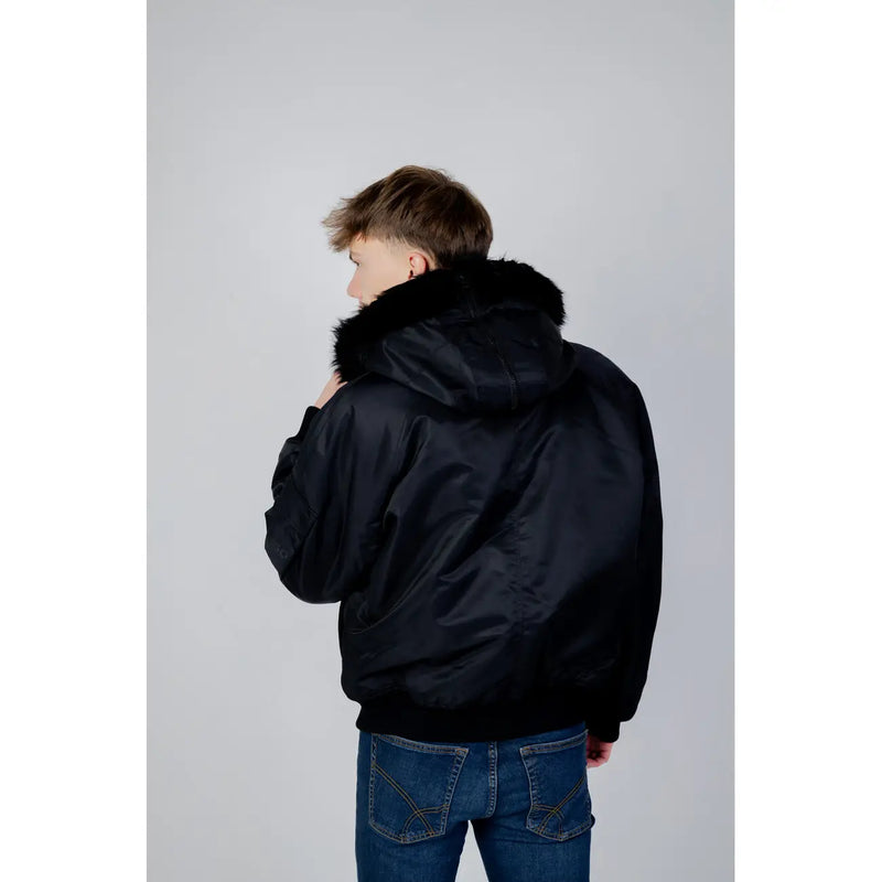 Black bomber jacket with a plush faux-fur-lined hood made of polyamide from Hugo men collection