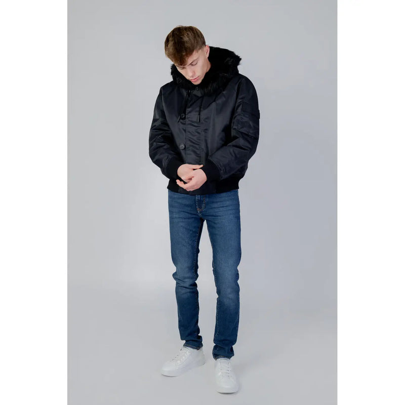 Black hugo men bomber jacket with fur-lined hood and matte polyamide finish for long-lasting warmth