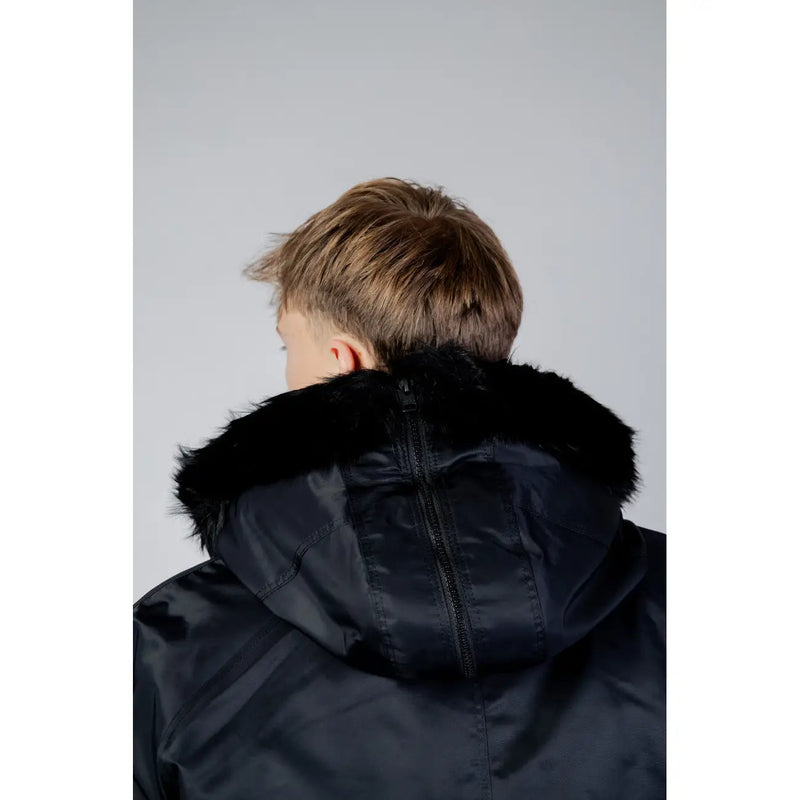Black nylon parka with plush black fur-lined hood from hugo men jacket long hooded polyamide 50496328 collection