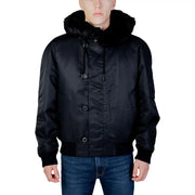 Hugo men jacket black satin bomber with plush fur-lined hood and black button closures made of polyamide