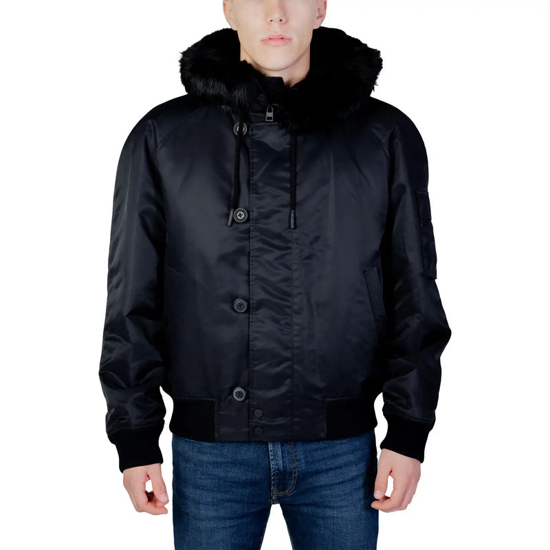 Hugo men jacket black satin bomber with plush fur-lined hood and black button closures made of polyamide