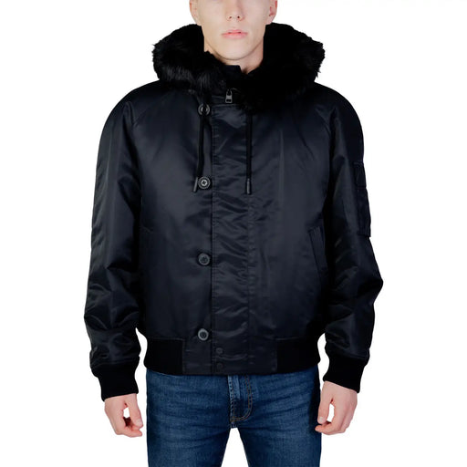Hugo men jacket black satin bomber with plush fur-lined hood and black button closures made of polyamide