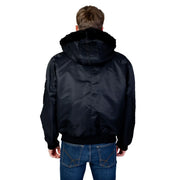 Black satin bomber jacket with plush black fur-lined hood by Hugo made from polyamide for men
