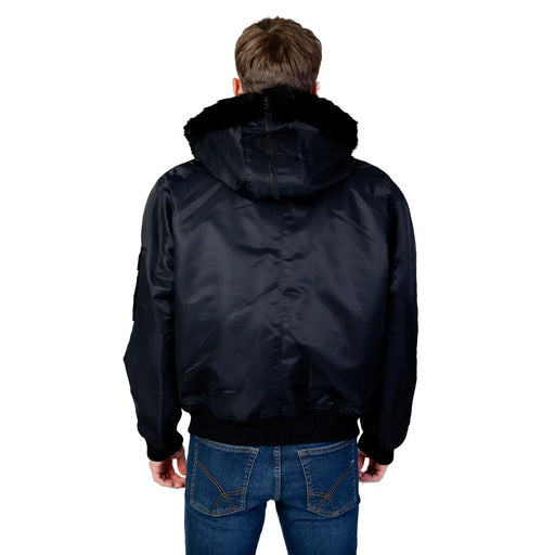 Black satin bomber jacket with plush black fur-lined hood by Hugo made from polyamide for men