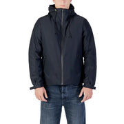 Black zip-up hooded jacket with drawstring hem and pockets, likely made of nylon or polyester.