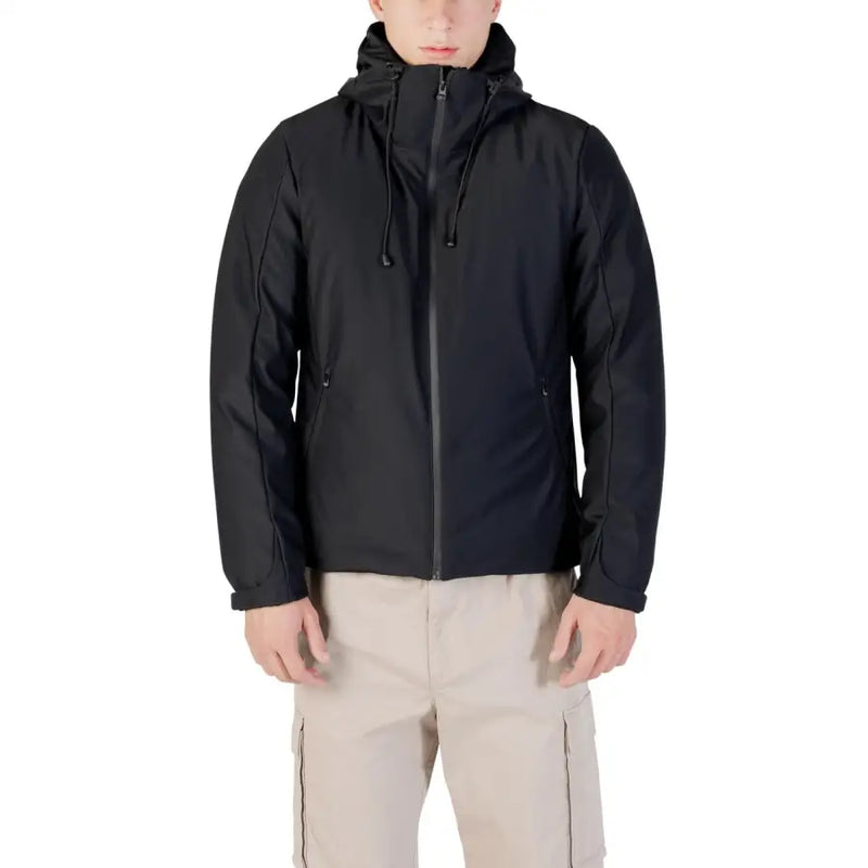 Black waterproof jacket with hood and zipper, likely from 5.11 tactical brand