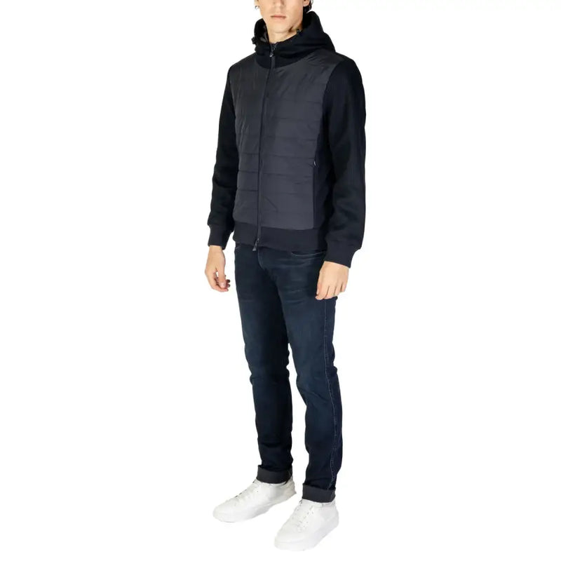Black quilted hooded jacket with full-length zipper and ribbed cuffs from hydra clothing men polyester fall winter wear