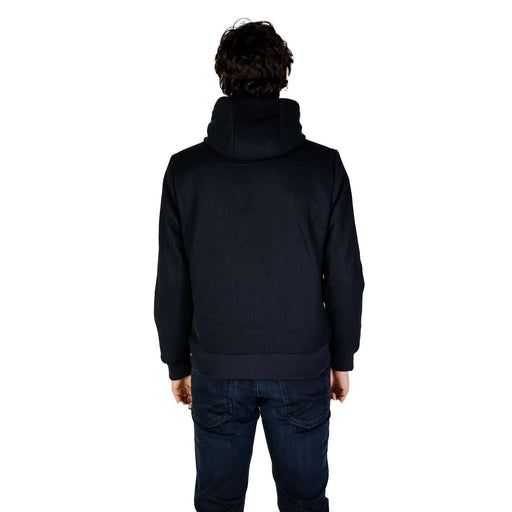 Black ribbed knit hooded sweatshirt complementing Hydra Clothing men blazer blue polyester zip up for fall winter wear