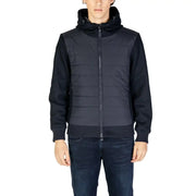 Black quilted hooded jacket with ribbed knit sleeves and collar suitable for fall winter by hydra clothing men
