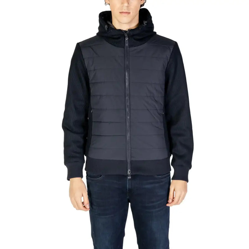 Black quilted hooded jacket with ribbed knit sleeves and collar suitable for fall winter by hydra clothing men