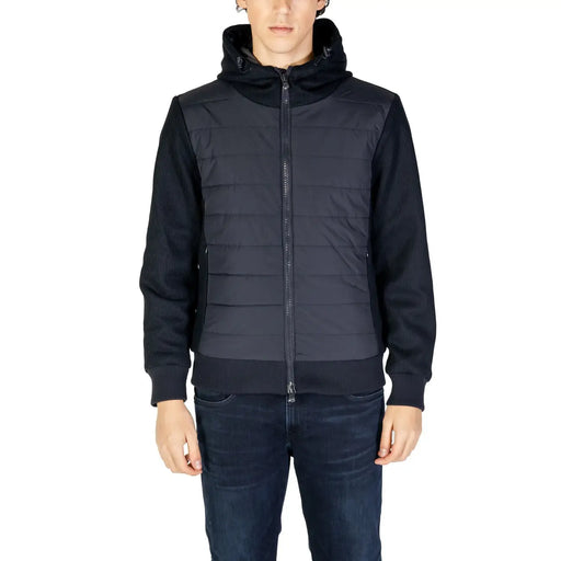 Black quilted hooded jacket with ribbed knit sleeves and collar suitable for fall winter by hydra clothing men