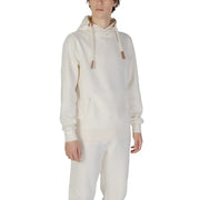 Cream-colored hydra clothing men hoodie in white cotton polyester blend with soft fabric and contrasting tan drawstrings