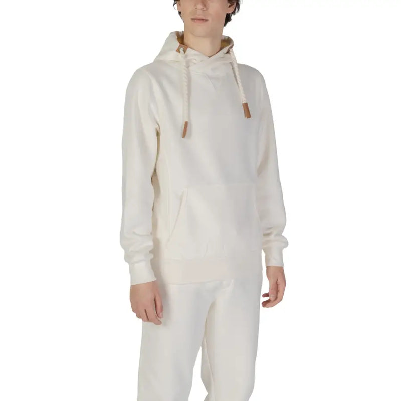 Cream-colored hydra clothing men hoodie in white cotton polyester blend with soft fabric and contrasting tan drawstrings