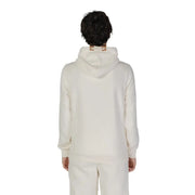 Hydra Clothing men hoodie white cotton polyester blend cream colored with textured finish and tan leather patches at neckline