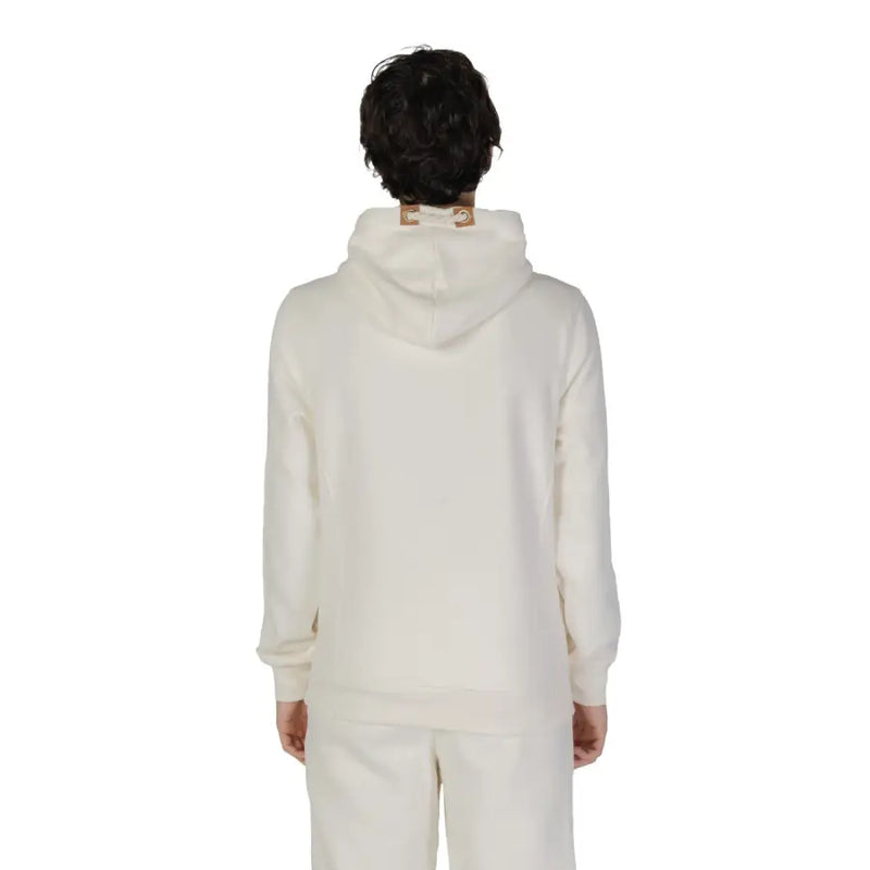 Hydra Clothing men hoodie white cotton polyester blend cream colored with textured finish and tan leather patches at neckline