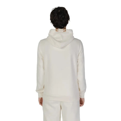 Hydra Clothing men hoodie white cotton polyester blend cream colored with textured finish and tan leather patches at neckline