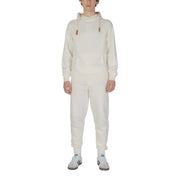 Hydra clothing men hoodie in cream colored cotton polyester blend with hood drawstrings front pocket and matching joggers