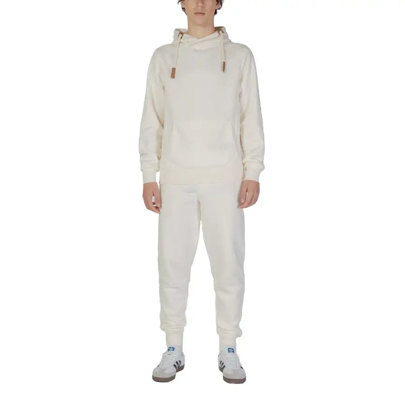 Hydra clothing men hoodie in cream colored cotton polyester blend with hood drawstrings front pocket and matching joggers