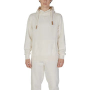 Hydra Clothing men hoodie white cotton polyester blend cream colored with soft textured fabric and tan leather drawstrings
