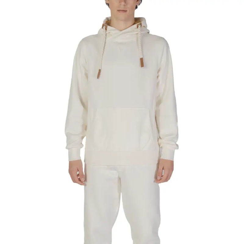 Hydra Clothing men hoodie white cotton polyester blend cream colored with soft textured fabric and tan leather drawstrings