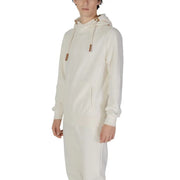Hydra Clothing men hoodie cream color with brown leather toggle drawstrings made from white cotton polyester blend