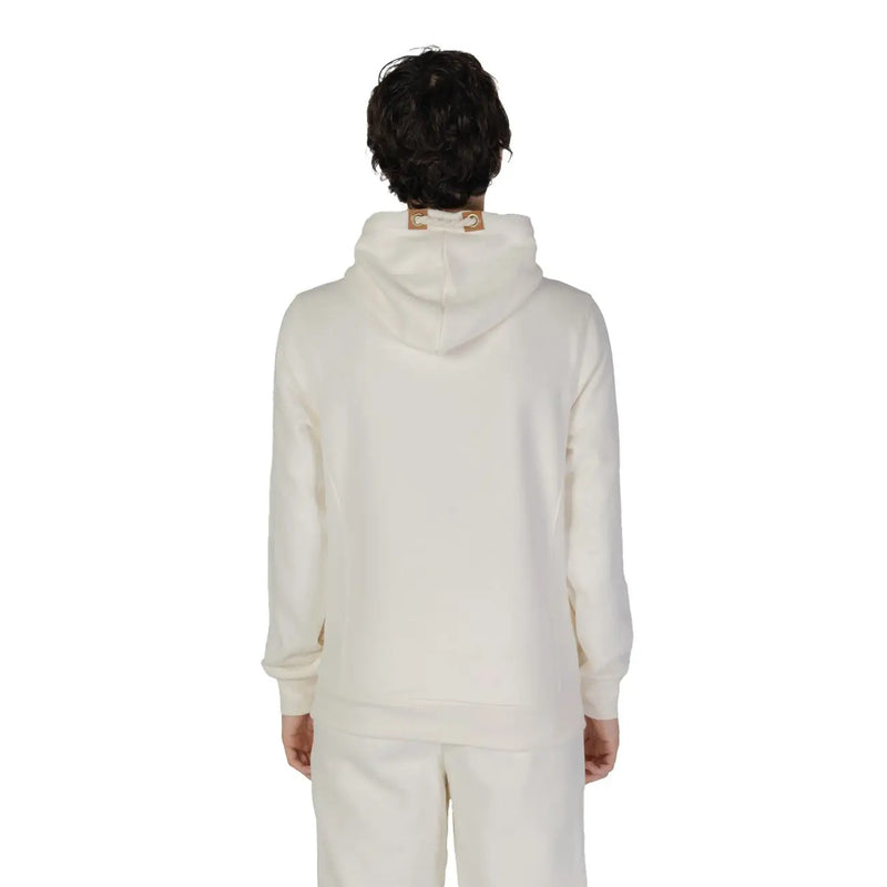 Hydra Clothing men hoodie white cotton polyester blend cream colored with textured finish and tan leather patches at neckline