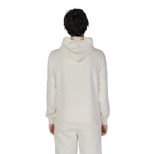 Hydra Clothing men hoodie white cotton polyester blend cream colored with textured finish and tan leather patches at neckline
