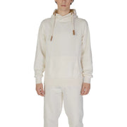 Hydra Clothing men hoodie white cotton polyester blend cream colored with soft textured fabric and tan leather drawstrings