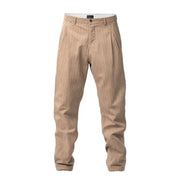 Hydra Men beige striped cotton trousers in khaki color featuring pleated design and classic button zipper closure