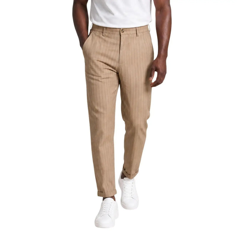 Hydra men beige striped cotton slim fit chino trousers with pinstripe pattern and rolled cuffs