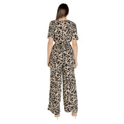 Ichi women beige leopard viscose jumpsuit with short sleeves back keyhole and wide-leg pants