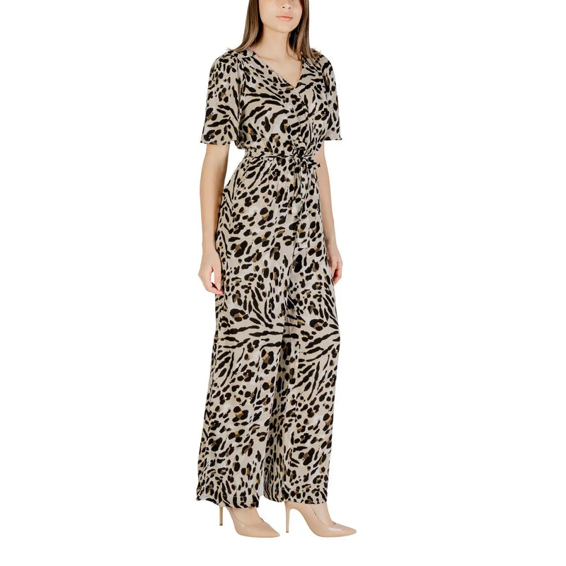 Ichi women beige leopard viscose jumpsuit with short sleeves cinched waist and wide-leg pants